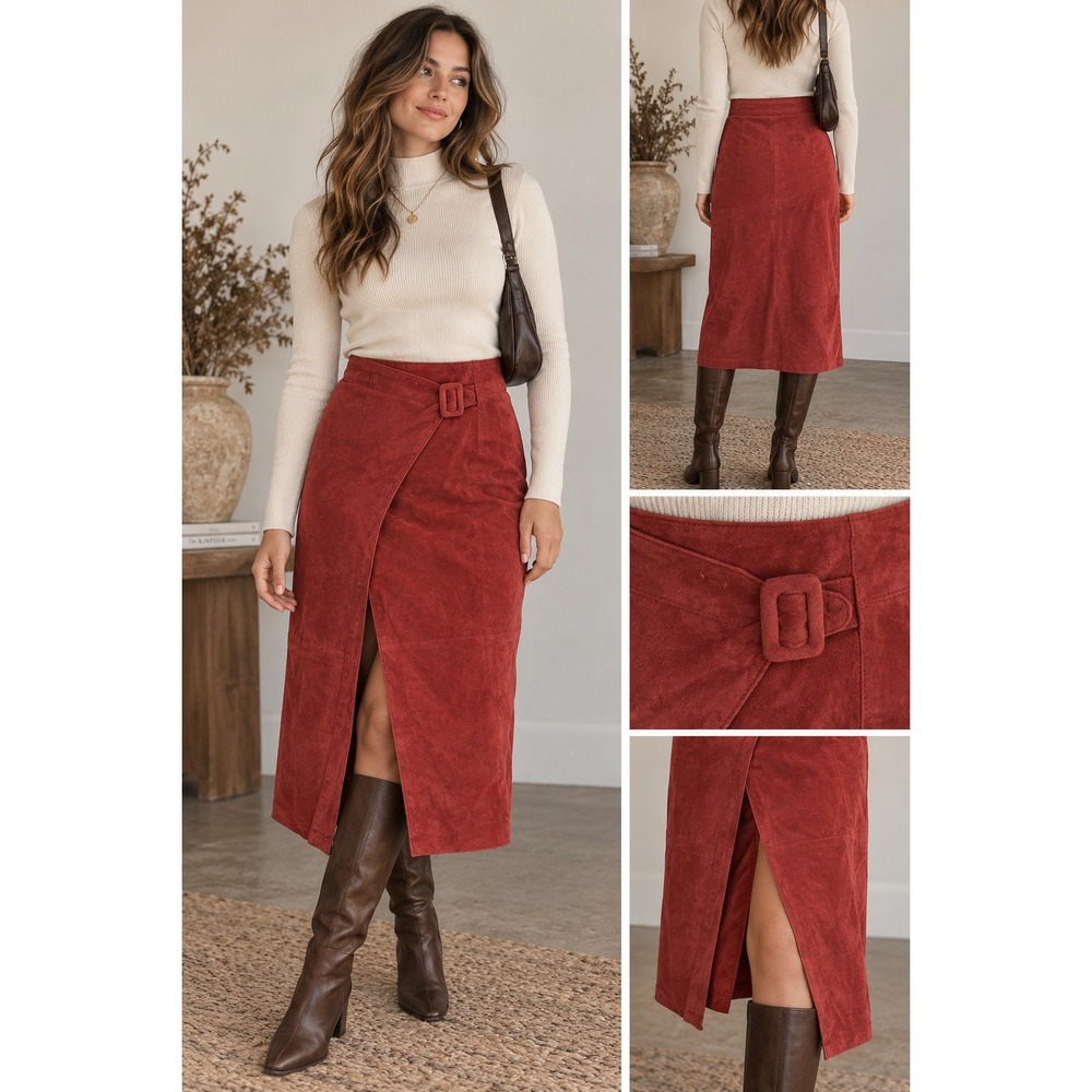 Betty Hanson Womens 8 Vintage Red Suede Leather Wrap Midi Skirt Buckle Slit